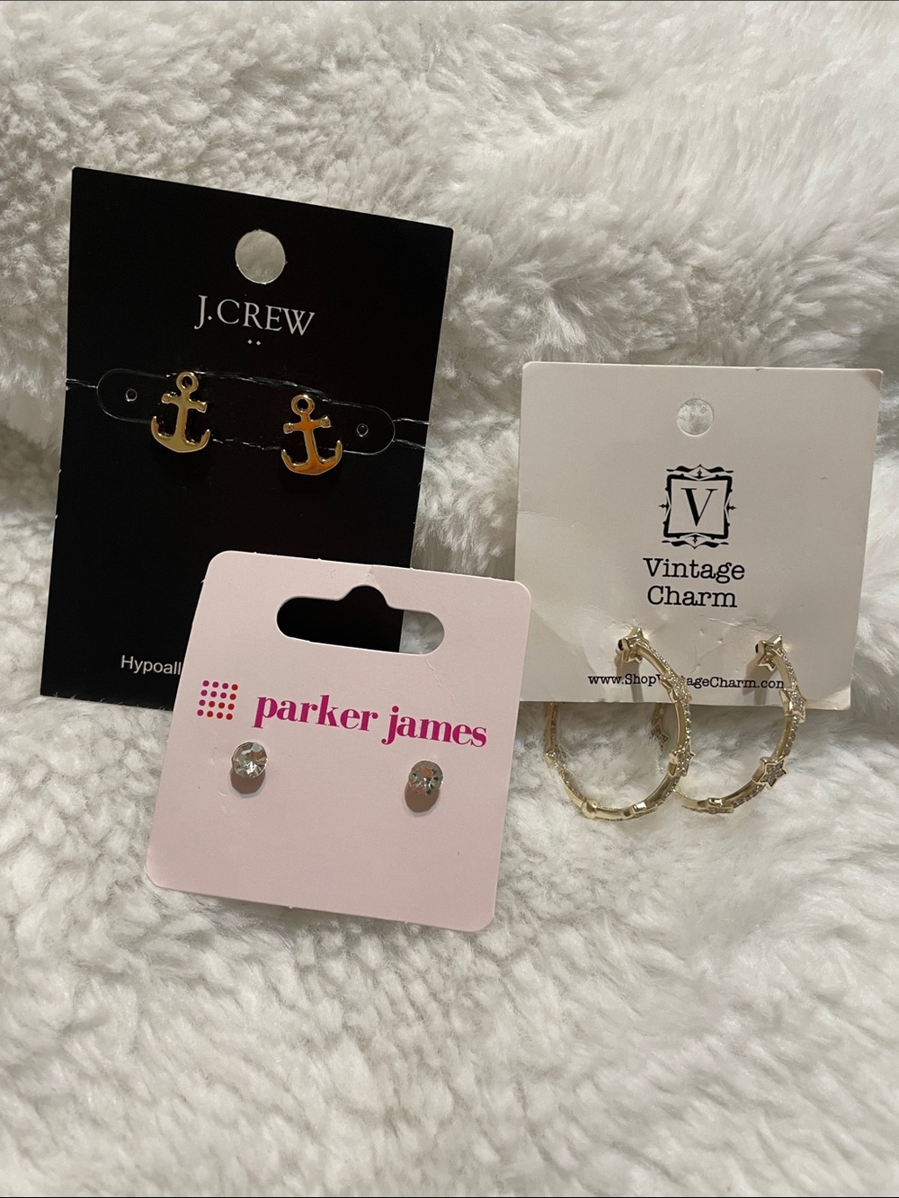 💎SALE J.Crew Anchor Studs, Parker James Crystal Studs & Vintage Charm Hoop Trio